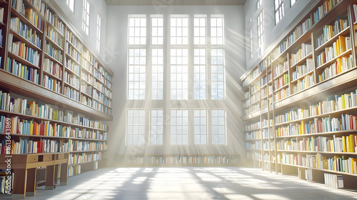 Wallpaper Mural Sunlit library interior, filled with bookshelves.  Spacious, bright room with large windows.  Sunlight streams in, casting rays across the floor Torontodigital.ca