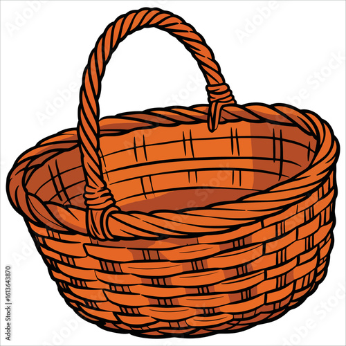 Empty brown straw wood basket for home decor collection. Handmade container for fruit vegetables bakery farm picnic and Eastern style display purposes.