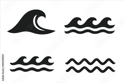Wave symbol set vector graphic. Ocean and sea wave icons for logo design. Simple water flow, surf curl, and nautical line elements. Minimalist black silhouette illustration.