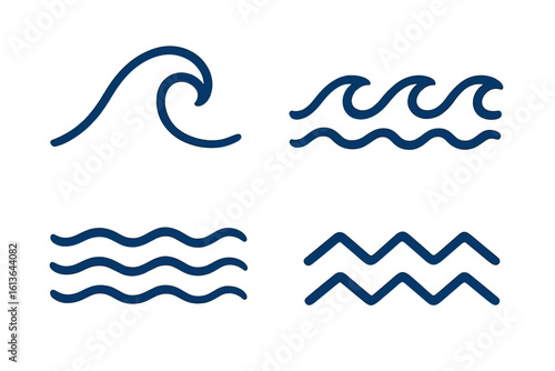 Sea wave symbols set and ocean line icons collection. Minimalist wavy zigzag lines and abstract fluid shapes. Vector graphic design elements for logo, pattern or nautical theme.