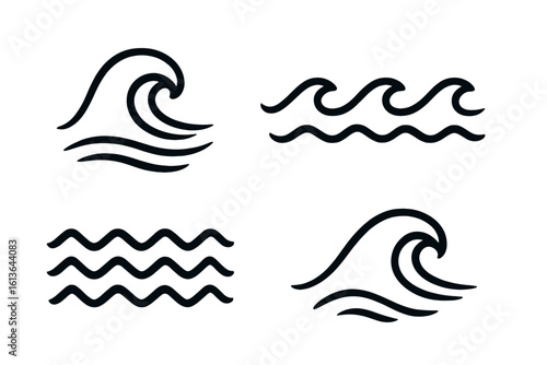 Ocean sea waves symbols set. Wave line and wavy zigzag lines. Simple water, surf, tide and river flowing signs. Vector illustration for logo, icon, or symbol.