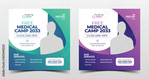 Healthcare social media post templates for medical business promotions, marketing, and medical camp announcements
