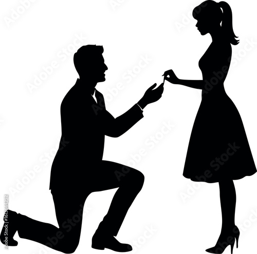 Vector art of a silhouette of a man proposing to a woman, capturing the essence of love, commitment, and the promise of marriage