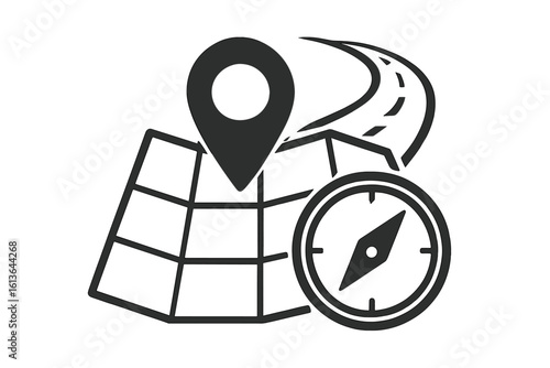Map pin on a street grid with a compass. GPS navigation concept. Location marker for travel, direction, and route planning. Vector icon for navigator and traffic app.