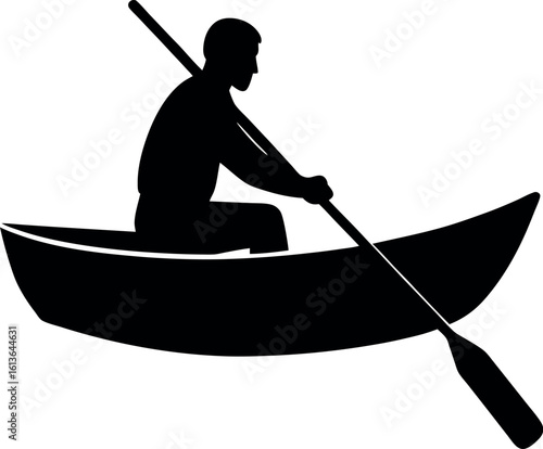 Vector art of a silhouette of a man rowing a boat on the water, enjoying a tranquil and peaceful outdoor recreational activity