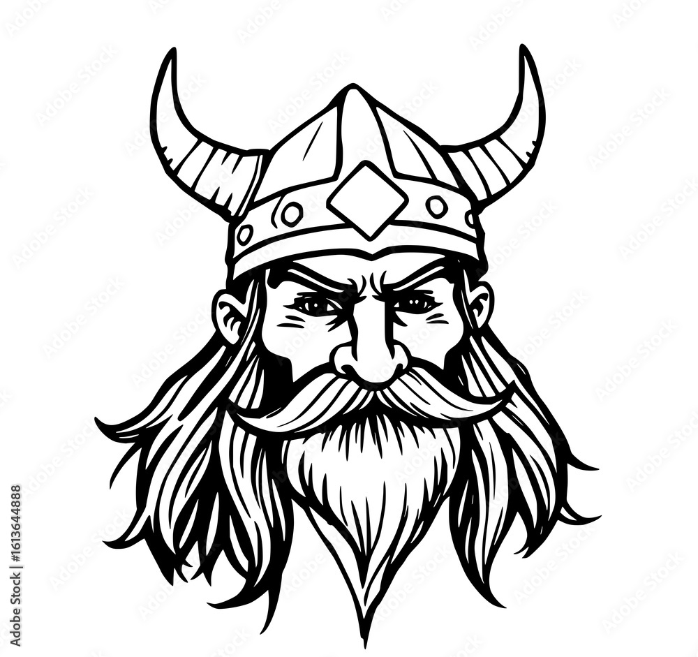 Fototapeta premium Fierce Viking Warrior: Intense Close-up Portrait, Black and White Line Art Illustration