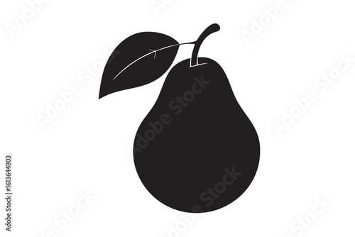 Black silhouette of a pear with a leaf and stem fruit black and white