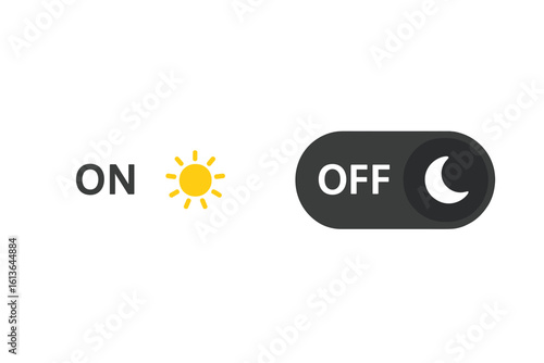 On and Off toggle switch button vector. Light and dark mode UI element with sun and moon icons. Day and night theme selector for app and web design interface setting.