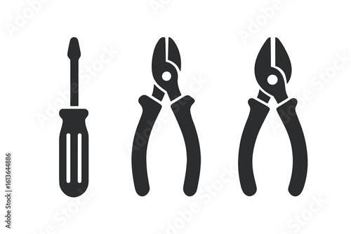 Electrical tools icon set. Solid black silhouette symbols for repair and construction. Vector illustration of screwdriver, pliers, and wire cutters for an electrician's work.