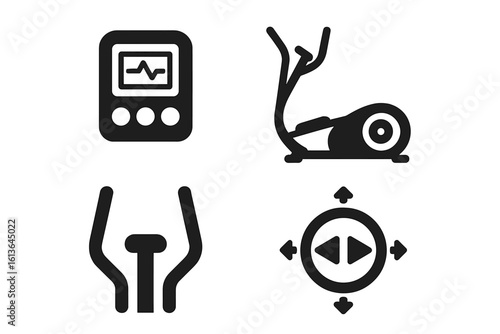 Elliptical machine solid glyph icon set. Fitness equipment for gym workout and cardio training. Includes trainer silhouette, control panel with heart rate monitor, buttons.