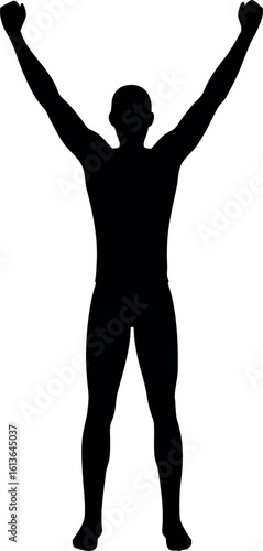 Vector art of a black silhouette of a man with his arms raised high in the air, isolated on white background, symbolizing success and celebration