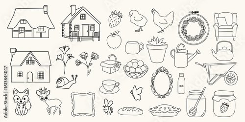 Wallpaper Mural Hand drawn cottage core illustrations. Cute countryside aesthetic doodle icons. Vector line art. Torontodigital.ca