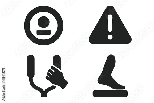 Elliptical trainer safety instructions icon set. Solid glyph pictograms for user manual. Warning sign, emergency stop, grip handle, and foot pedal symbols vector illustration.