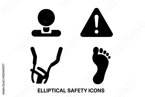 Elliptical trainer safety instruction icon set. Crosstrainer exercise glyph symbols. Gym equipment user manual pictograms. Fitness machine safety vector. Warning sign.