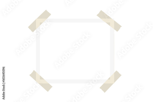 Realistic photo frame template with adhesive tape on corners. Blank empty space for your picture or text. Modern minimalist vector for web, collage, portfolio, or memories.