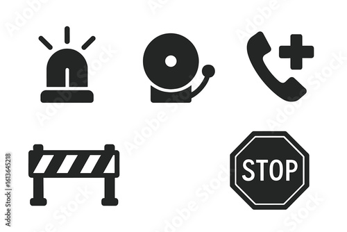 Emergency icon set. Solid glyphs of warning and safety signs. Vector collection includes police siren, alarm bell, medical call, road barrier, and stop sign.