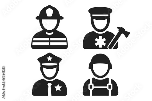 First responder vector icon collection. Firefighter, police, paramedic, rescuer. Essential worker team symbols. Emergency services professional avatars. Public safety glyphs.