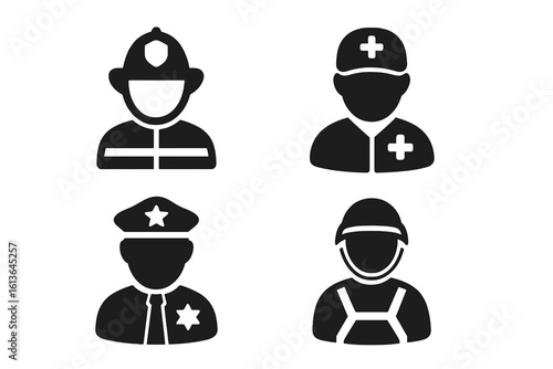 Emergency response icon set. Solid glyph symbols of first responders: firefighter, police officer, paramedic, rescuer. Public safety, civil defense vector illustration.