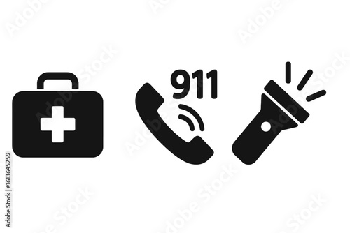 Emergency preparedness solid icon set with first aid kit, 911 emergency call, and flashlight. Vector glyph symbols for disaster survival, safety, and rescue plan.