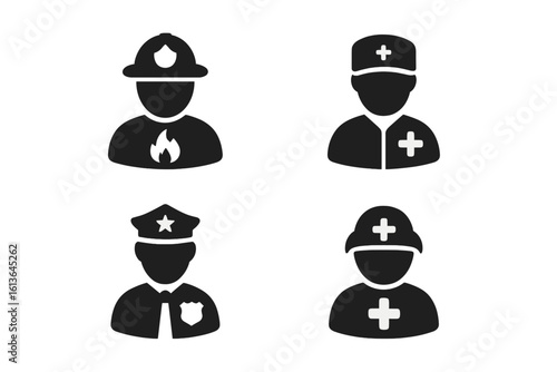 Emergency response icon set with firefighter, police officer, paramedic, and doctor. First responder team glyphs. Public safety, rescue, and medical services symbols.