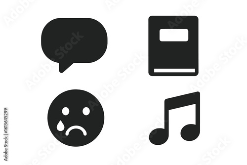 Mental health icon set for emotional expression. Psychology concept with symbols for sadness, grief, and therapy. Includes speech bubble, journal, crying emoji, music.