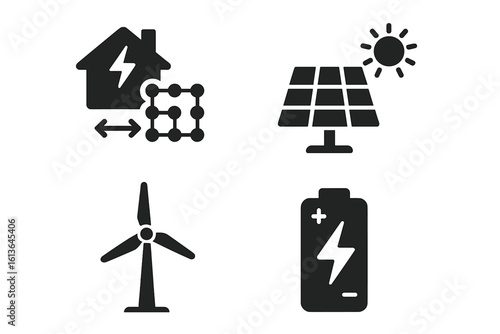 Renewable energy icon set. Solid glyph icons for energy management, smart grid, solar panel, wind turbine, and battery storage. Green power vector illustration. Ecology symbols.