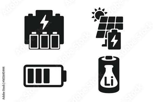 Energy storage solid glyph icon set. Battery pack, solar panel power, charge level indicator, and lithium cell symbols. Renewable electricity and electric technology vector.