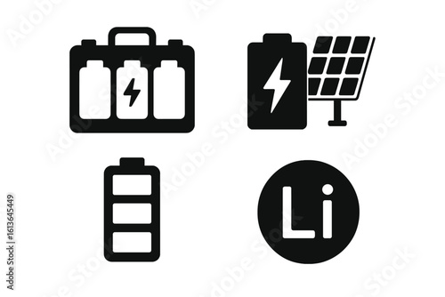 Energy storage icon set. Solid glyphs of battery pack, solar panel power, accumulator charge level, and lithium Li-ion symbol. Renewable green energy vector illustration.