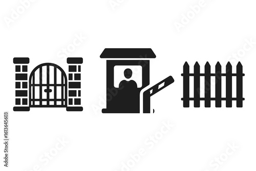 Security gate and access control icon set. Vector glyphs of private property elements like a stone pillar gate, guard booth with barrier, and fence. Estate entrance concept.