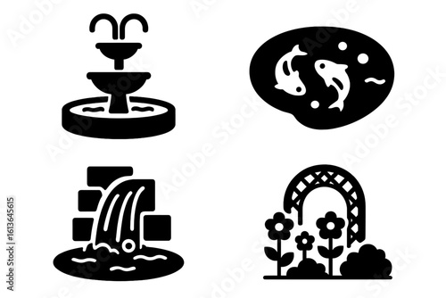 Garden and landscaping icons. Solid glyph set of estate water features like a central fountain, koi pond, small waterfall, and flower arch. Vector symbols for park design.