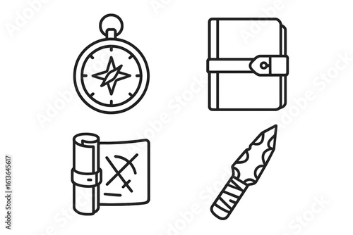 Explorer gear icons set, outline style vector illustration of expedition equipment including brass compass, leather journal, oilskin map case, flint knife, adventure travel essentials