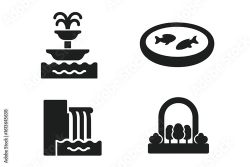 Estate water features solid icon set. Landscaping and garden decoration elements. Central fountain, koi fish pond, small waterfall, park arch vector glyph illustrations.
