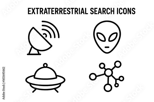 Extraterrestrial search icon set. Alien life, UFO, radio telescope signal, and biosignature molecule icons. Space exploration and astrobiology vector outline symbols.