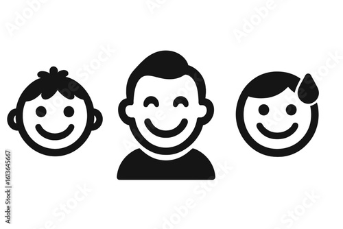 Expressive smile icons set. Solid filled character faces. Happy child, proud adult, and relief sweat smile. Vector emotion symbols for UI, web, and graphic design elements.