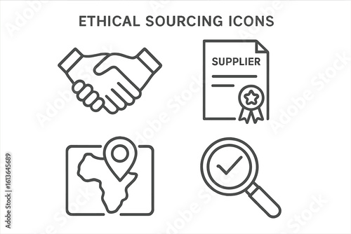 Ethical sourcing outline icons set. Fair trade, supply chain transparency, and sustainable business concept. Handshake partnership, supplier certificate, origin map.