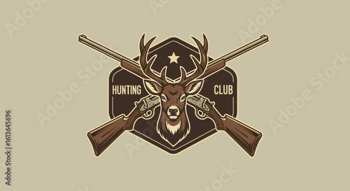 Hunting Club Emblem with Deer Head and Crossed Shotguns Vintage Style.