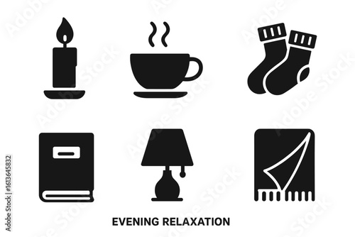 Evening relaxation solid glyph icon set. Cozy home comfort items candle, teacup, warm socks, book, lamp, throw. Hygge lifestyle concept vector illustration symbols.