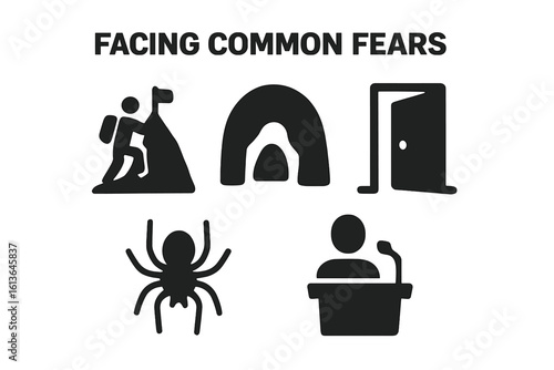 Facing Common Fears icon set. Phobia and anxiety symbols. Glossophobia, arachnophobia, acrophobia. Public speaking, spider, heights, dark cave vector icons. Mental health.