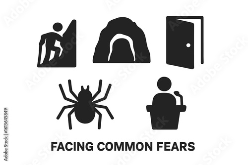 Facing common fears vector icon set. Solid glyphs representing phobias like public speaking, heights, spiders, and claustrophobia. Psychology and mental health symbols.