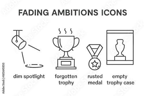 Vector icons of fading ambition and lost glory. Outline symbols for failure, decline, and past success. Dim spotlight, forgotten trophy, rusted medal, empty case concepts.