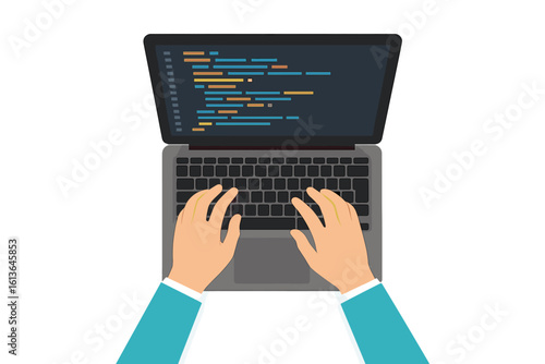 Programmer hands on laptop keyboard typing code, top view. Web development, software coding and programming concept. Computer screen with program script. App development vector.