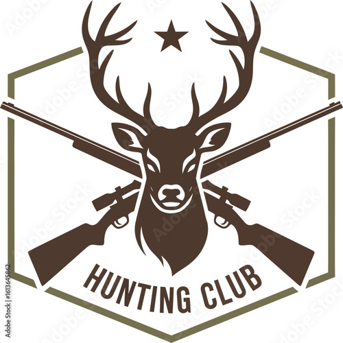 Hunting Club Emblem with Deer Head Star Crossed Rifles and Hexagonal Frame.
