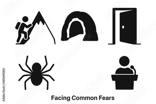 Facing Common Fears icon set. Phobia concept vector illustration. Icons for acrophobia, claustrophobia, arachnophobia, glossophobia. Psychology, mental health symbols.