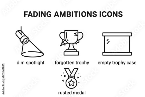 Fading ambitions and lost glory outline icons. Metaphor for failure, decline, forgotten success, and unfulfilled potential. Vector set of dim spotlight, broken trophy, rusted medal.