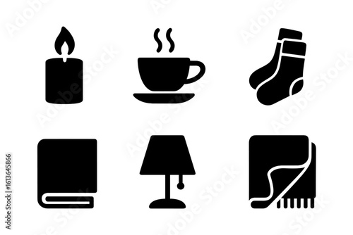 Cozy home evening icon set. Concept of comfort, relaxation, hygge lifestyle, and self-care. Solid vector glyph pictograms of candle, hot drink, book, warm socks, lamp.