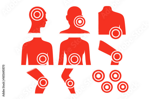 Red pain circles mark painful spots on the human body. Vector icon set for headache, joint, and muscle ache. Medical illustration of injury, inflammation, disease focus.