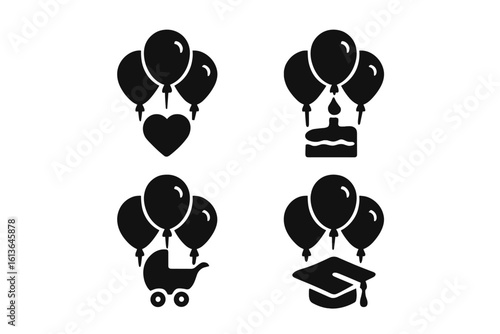 Event balloon icon set. Solid glyph symbols for life's celebrations. Vector collection for wedding, birthday, baby shower, graduation party. Design elements isolated.