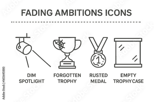 Fading ambitions outline icon set. Metaphor for lost glory, forgotten success, and failure. Dim spotlight, broken trophy, old medal, and empty trophy case icons.
