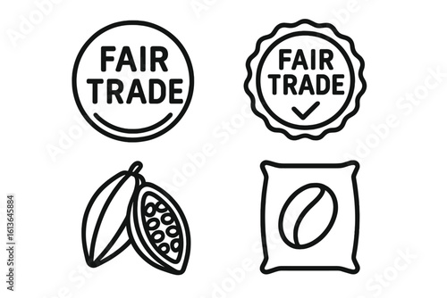 Fair Trade line icon set. Ethical sourcing concept with certification logo, stamp, coffee bean sack and cacao pod. Vector for sustainable product packaging and labels.