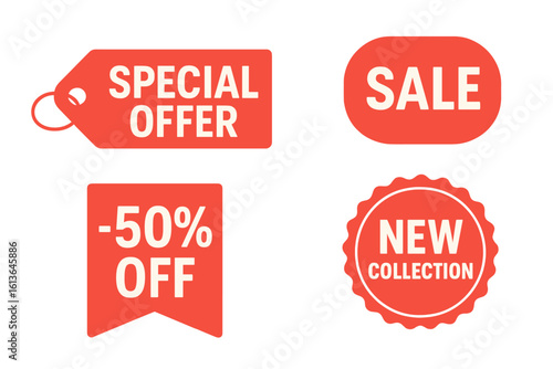 Red price tags collection. Special offer, 50% off discount, and new collection badges. Modern promotional sale labels, stickers, and ribbons for retail marketing.